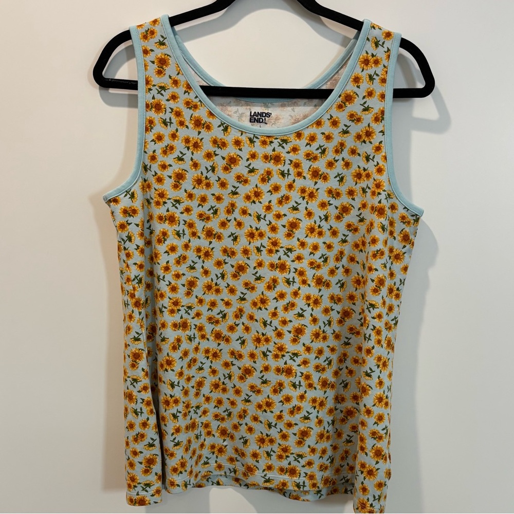 Lands' End Sunflower Print 100% Cotton Tank Top Large (90s/Y2K Vibes)